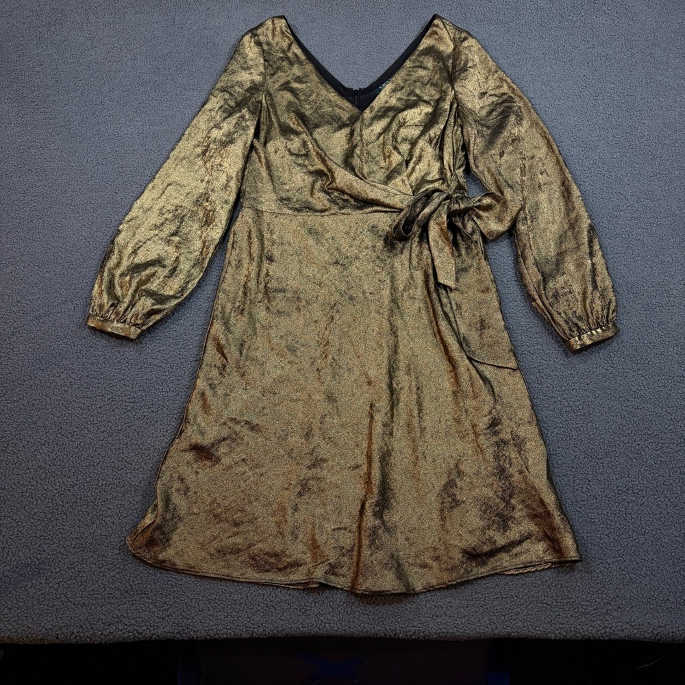 Lauren Ralph Lauren Dress Womens 8 Gold Metallic Faux Wrap V-Neck Long Sleeve